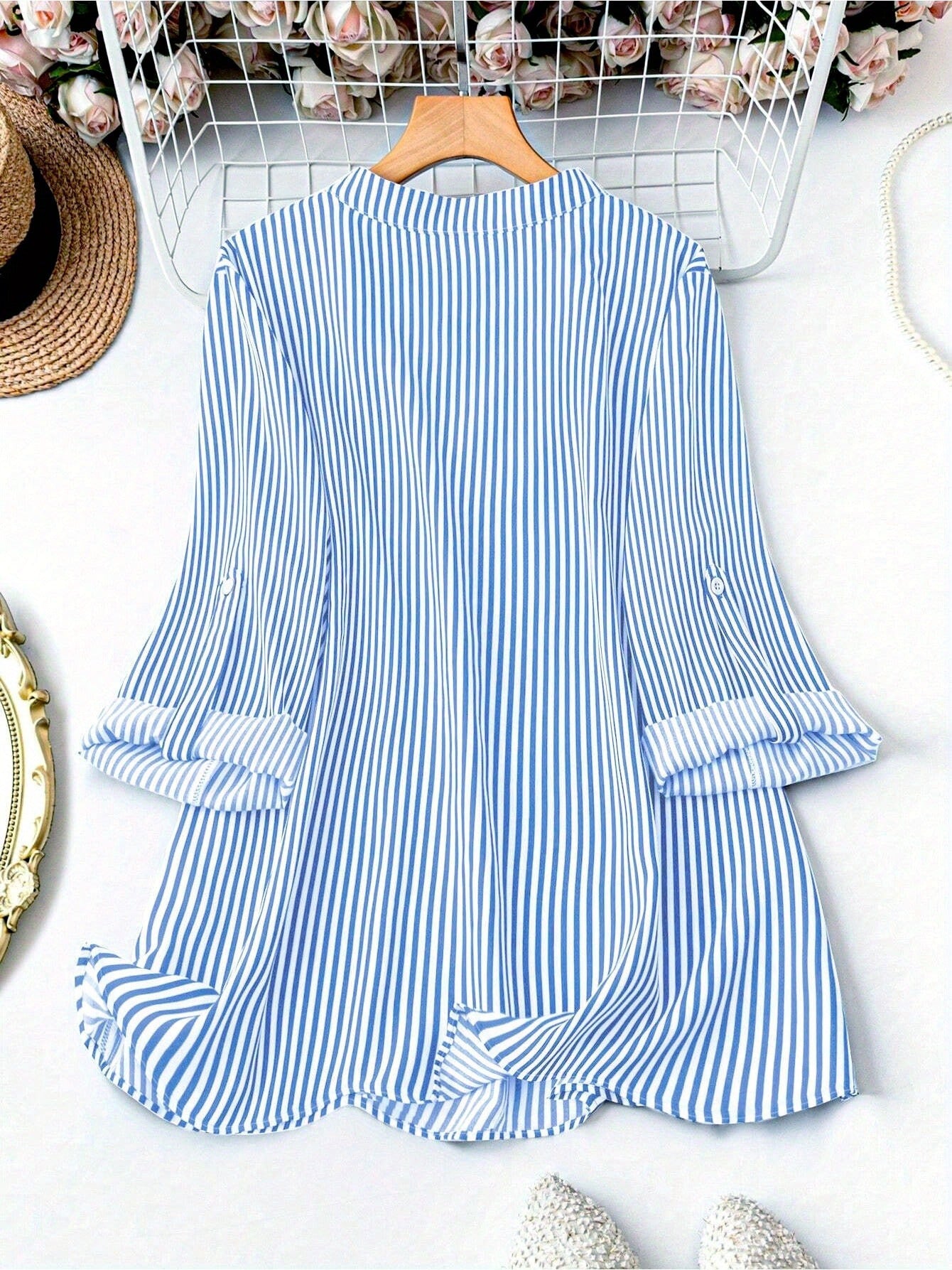 Women's Plus Size Casual Striped Shirt - Summer V-Neck Three-Quarter Sleeve Outdoor Top With Pockets