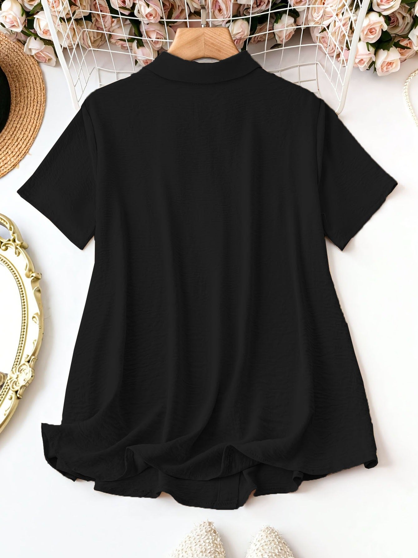 Women's Plus Size Collared Button-Down Shirt - Summer Vacation Casual Short-Sleeve Top For Outings