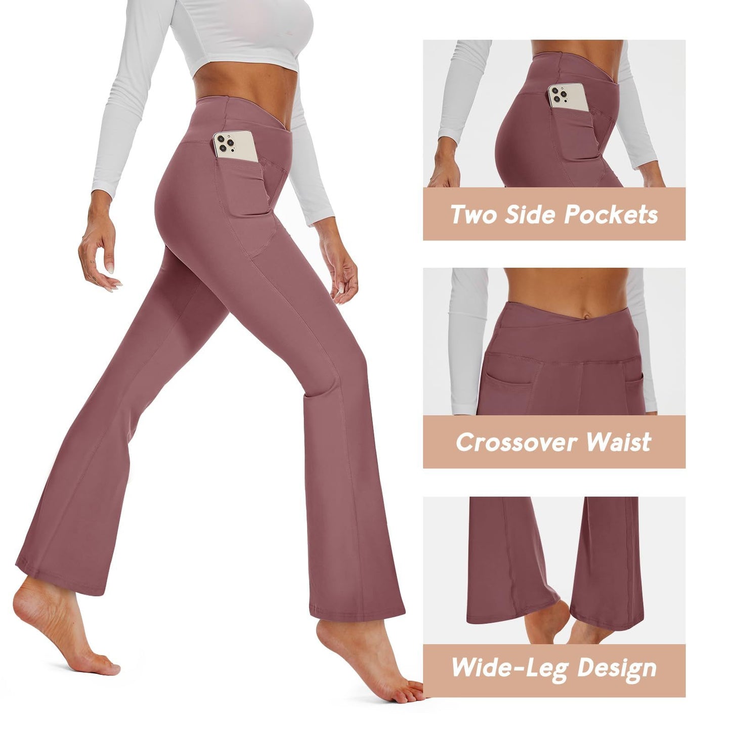 Flared Pants - Cropped Crossover Waist Pockets In Solid Crimson