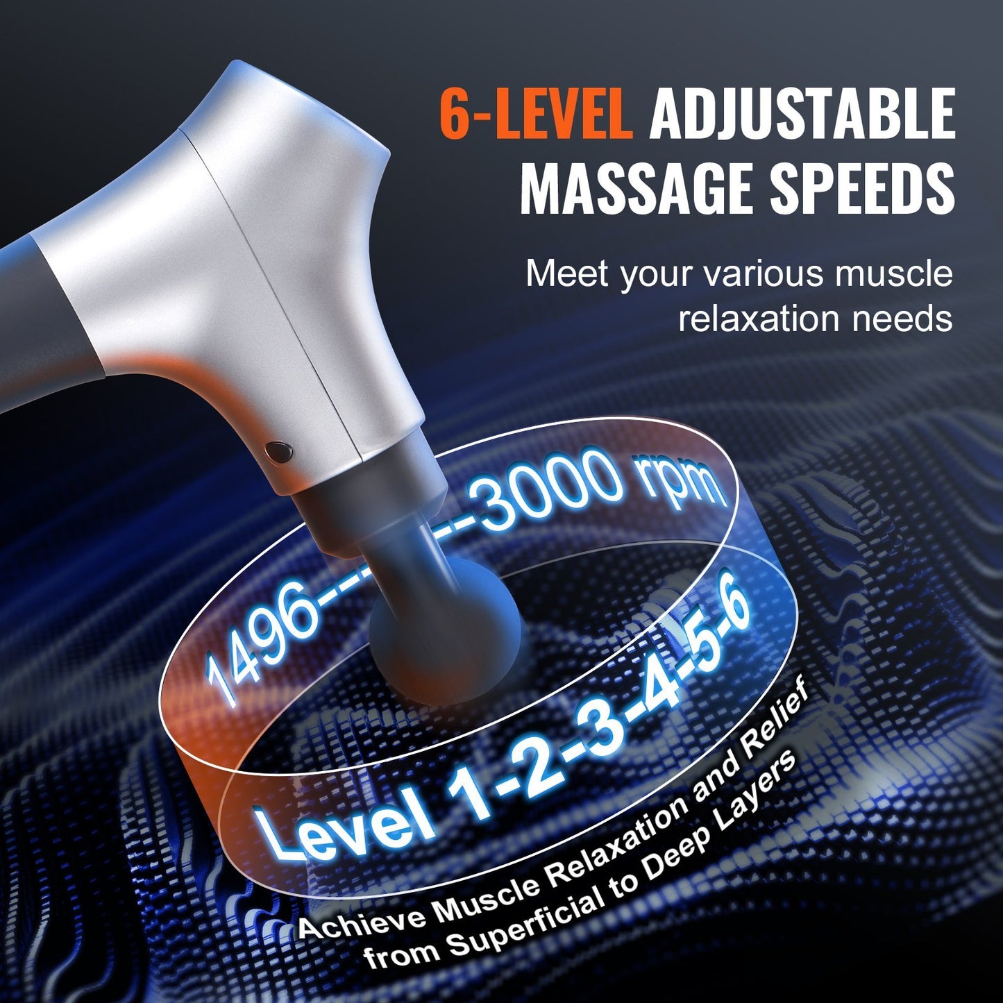 VEVOR Massage Gun Deep Tissue, Percussion Muscle Massager For Athletes - With 6 Speed Levels & 4 Massage Heads, 12V 2500mAh Batteries, Handheld Electric Massage Gun For Pain Relief, Muscle Relaxation