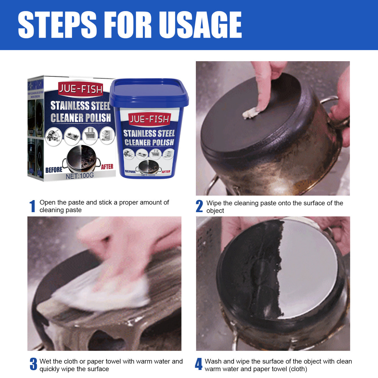 Jue-Fish Stainless Steel Cleaning Paste Kitchen Stain Remover Rust Cooktop Stove Black Dirt Cleaning Paste