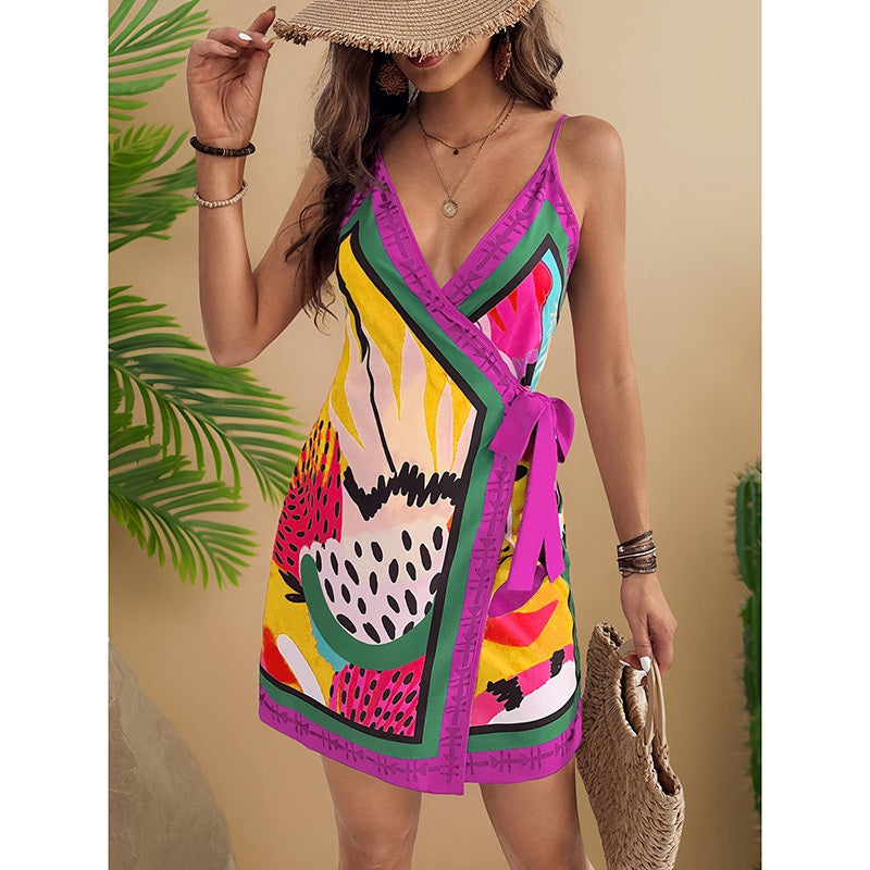 Women Spaghetti Strap Summer Dress V Neck Wrap Waist Tie Casual Beach Sundress Holiday Vacation Mini Dress