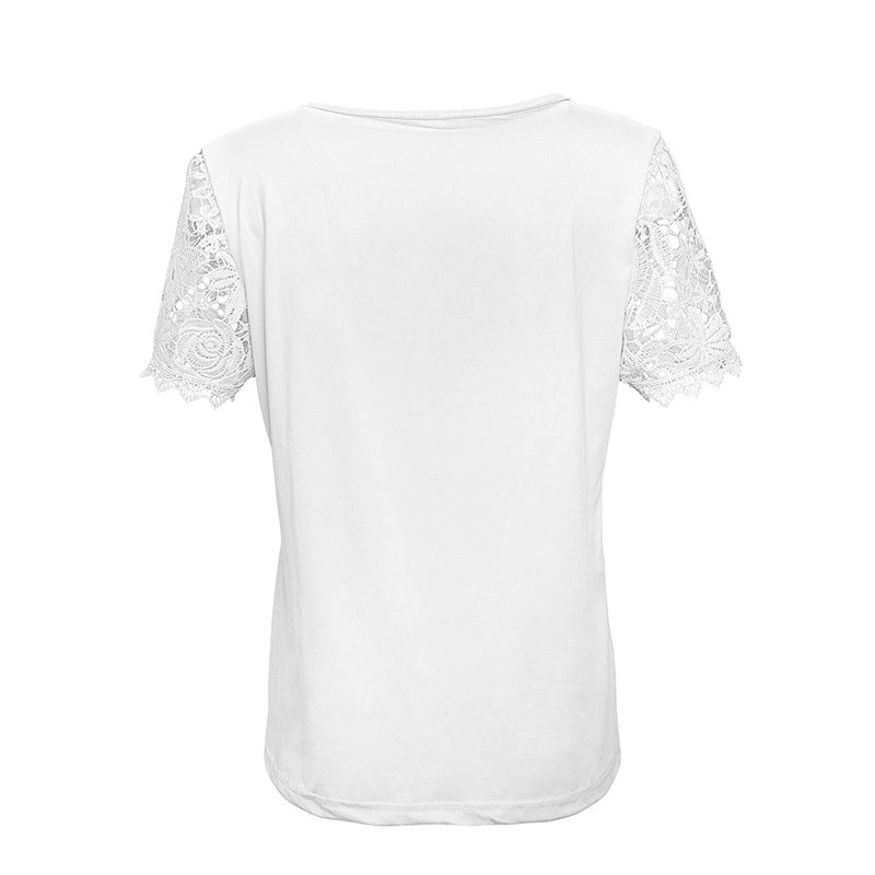 Womens Lace Short Sleeve Crew Neck T Shirts Summer Casual Tops Loose Fit Tees Blouses