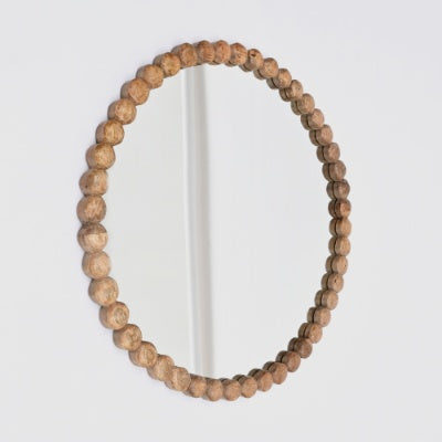 Decorative Round Hanging Wall Mirror With Natural Wooden Bead Design Frame, 32