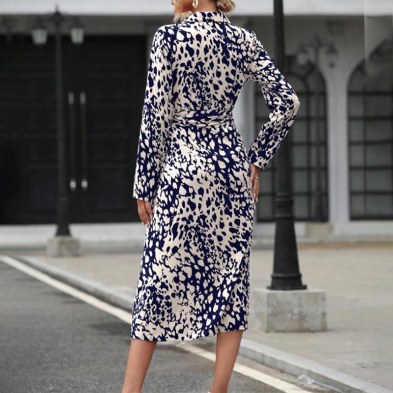 Women's Elegant V-Neck Belted Slit Dress With Leopard Print & Button Details Comfortable Spring & Fall Blend