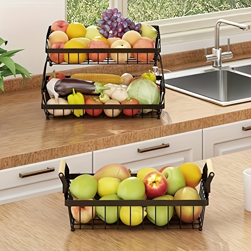 1pc 3-Layer Fruit Basket For Kitchen With 2 Banana Hooks, Suitable For Kitchen, Bread Vegetable Fruit Organizer With Wooden Handle, Large Capacity Rectangular Storage Rack, Black, Suitable For Restaur