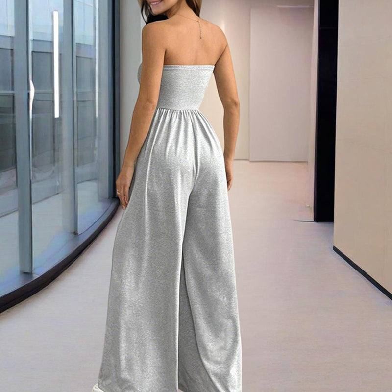 Women's Solid Color Strapless Jumpsuit Wide-Leg Palazzo Pants With Pleats Summer Fashion Outfit