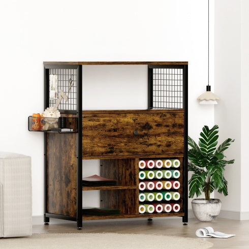 Craft Organization And Storage Cabinet Compatible With Cricut Machines, Crafting Cabinet With Drawer & 25 Vinyl Roll Holder, Craft Table Desk Workstation For Craft Room Home.Rustic Brown.