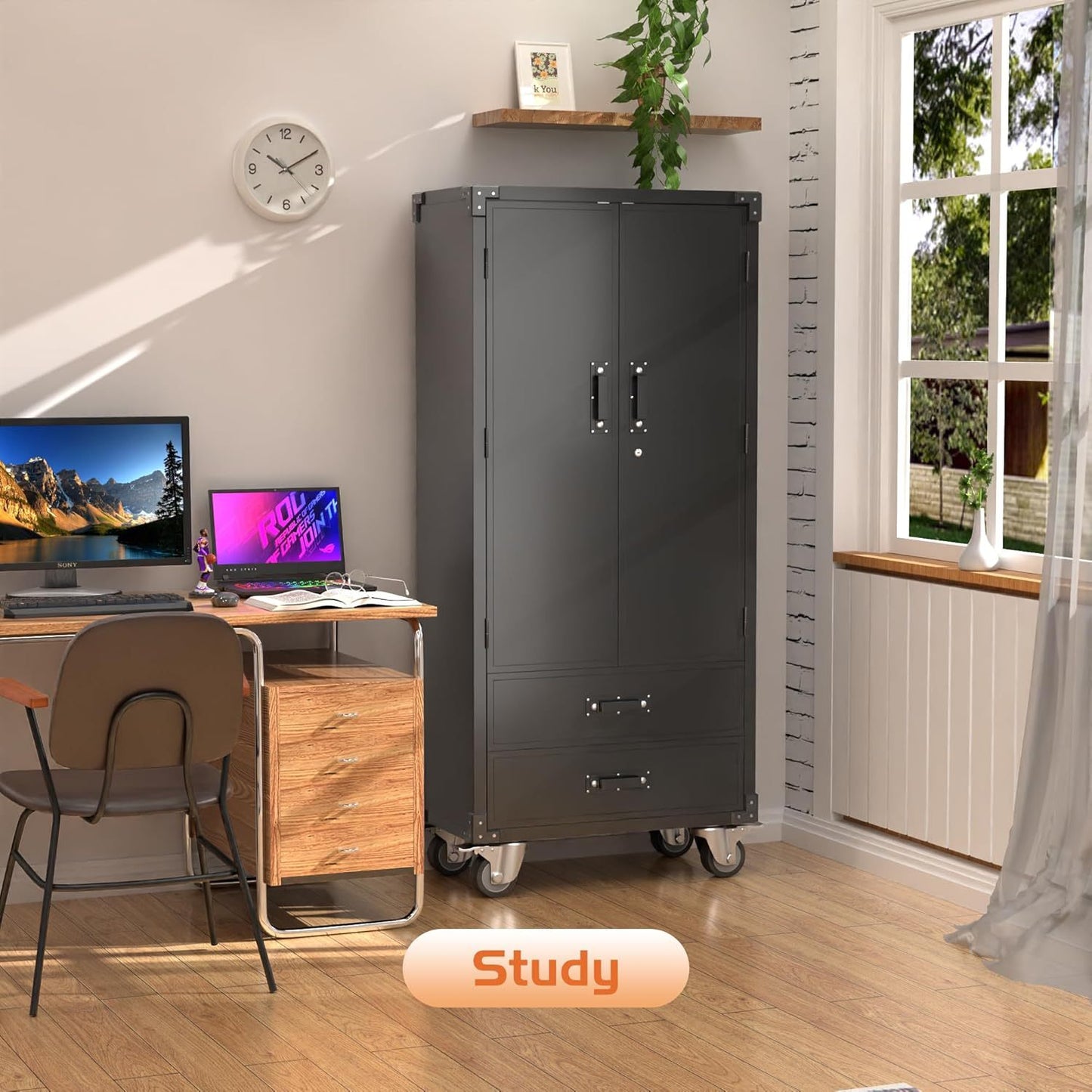 Rolling Storage Cabinet With 2 Doors And 2 Drawers, Metal Storage Cabinet With Doors And Shelves, Locking Steel Cabinet For Warehouse, Home, Office Black