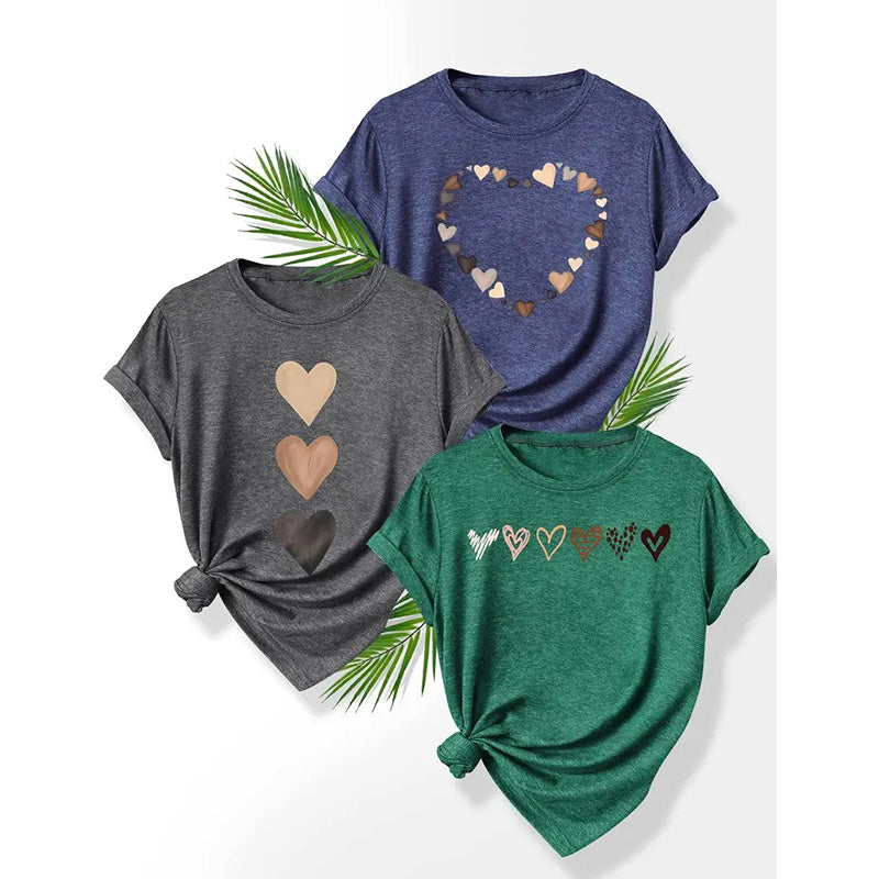 3PCS Women's Love Heart Leopard Graphic Print Tee Short Sleeve Crew Neck T Shirt Casual Summer Tops