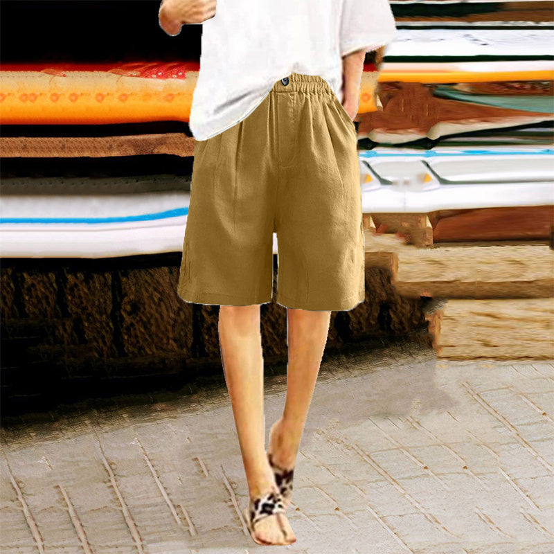 Women's Casual High Waist Loose Fit Solid Color Shorts - Button & Elastic Waist With Pockets, Comfortable Summer Shorts