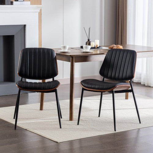 Dining Chairs Set Of 2 Mid Century Modern Retro Faux Leather Chair With Walnut Bentwood Back Upholstered Seat Metal Legs Adjustable Foot For Kitchen Dining Room Chairs