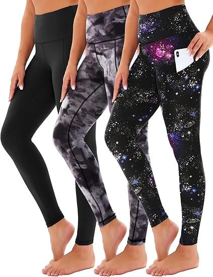 Yoga Pants - Cropped High-waisted Slanted Pockets, 3 Pieces Of Polyester Double Grind Black, Polyester Double Grind Black Tie-dye, Polyester Double Grind Blue Purple Starry Sky