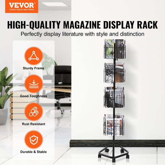VEVOR Brochure Display Rack, 4-Tier 32 Pockets Rotating Magazine Literature Display Stand For Postcards, Spinning Greeting Cards Rack With 5 Wheels  2 Lockable  For Shop Exhibitions Office