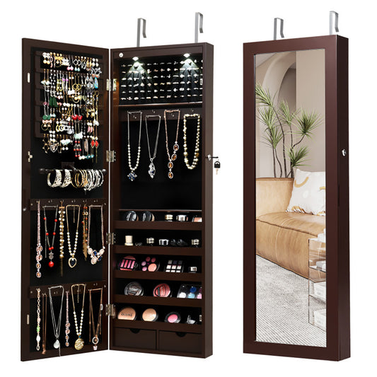 Lockable Wall Mount Mirrored Jewelry Cabinet With LED Lights