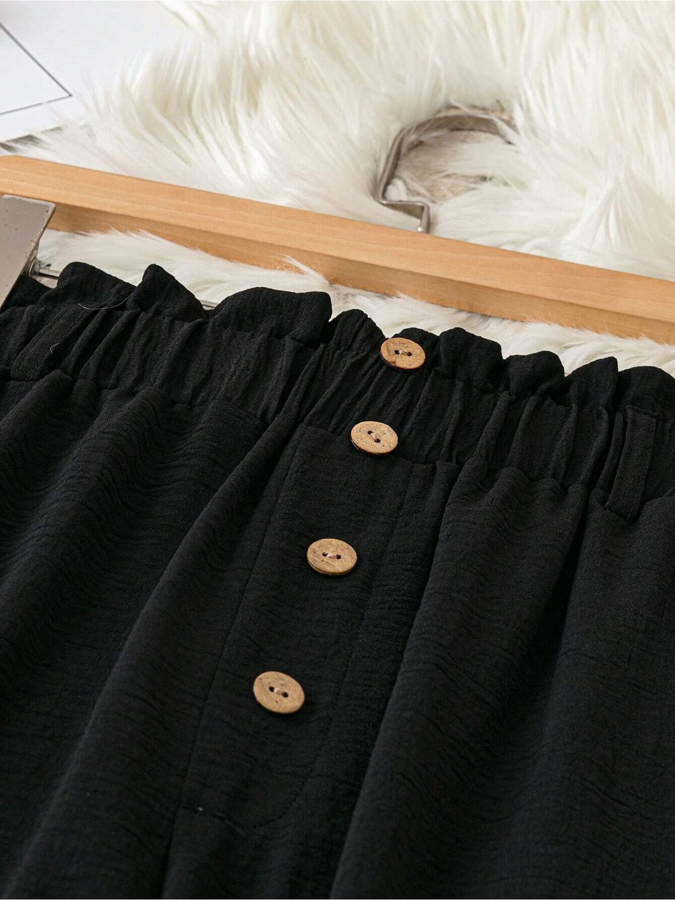 Women's Plus Size Teacher Pants - Black Straight-Leg Trousers With Pockets, Elastic Waistband With Wooden Button Decor, Soft Comfortable Fabric, Multifunctional Daily Wear