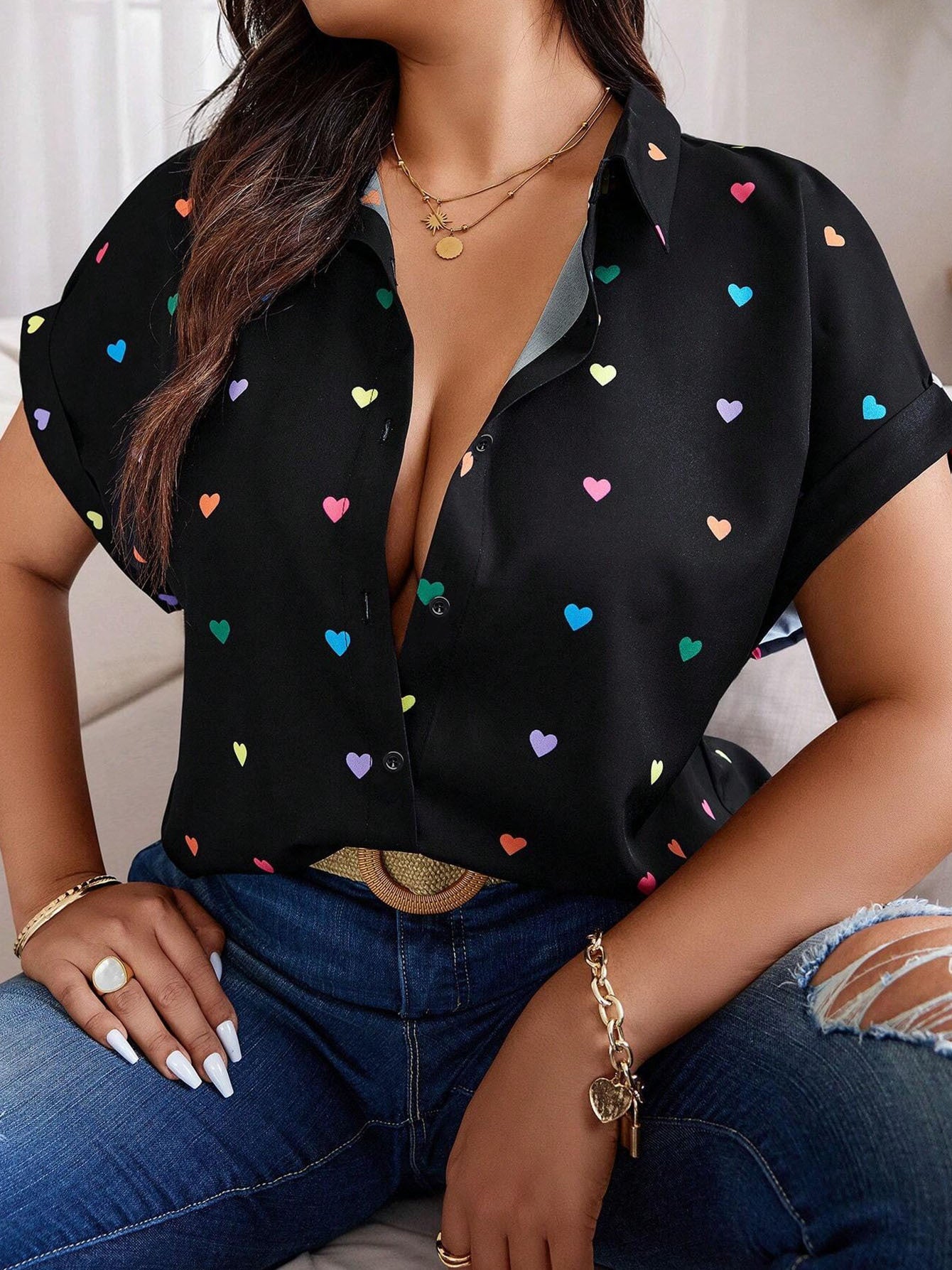 Women's Plus Size Heart Print Button-Down Shirt - Summer Casual Short Sleeve Outdoor Top