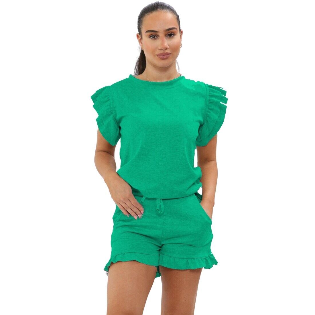 Ladies Frill Peplum Sleeve Top And Short 2 Piece Tracksuit Set