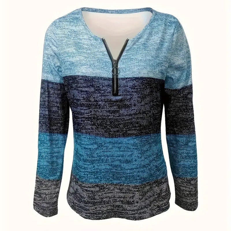Women's Geometric Color Block V-Neck Zip Detail Long Sleeve T-Shirt - Spring&Fall Casual Slim Fit Top