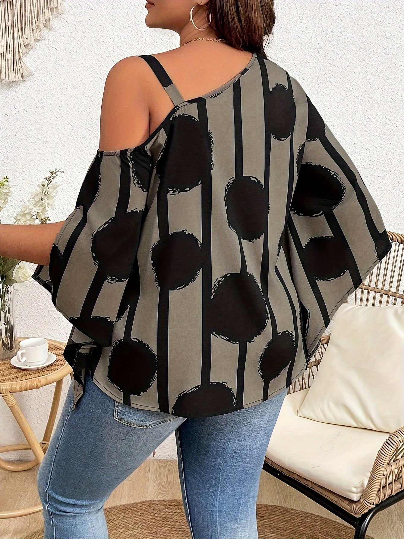 Women's Plus Size Printed Fashion Off-the-Shoulder Charming Chain Three-quarter Sleeve Blouse - Casual Top