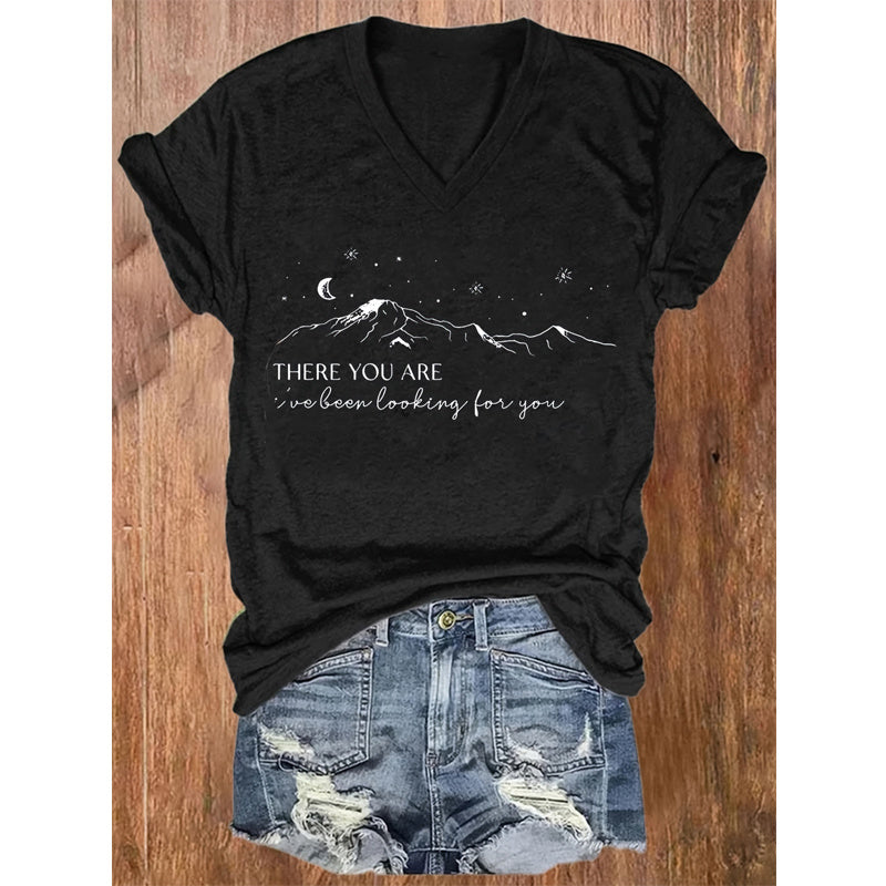 Women's V-Neck Geometric Mountain & Starry Night Print With Inspirational Quote Summer Tee