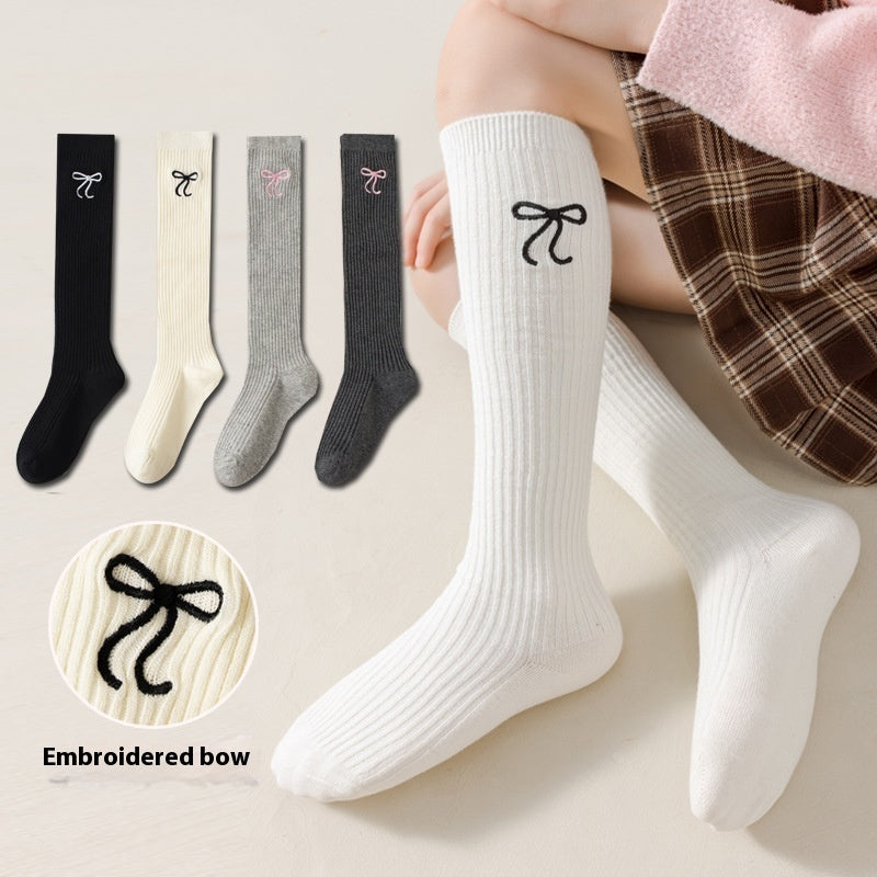 Bowknot Embroidery Stockings Preppy Style Calf Socks Children's High-top Cotton Socks