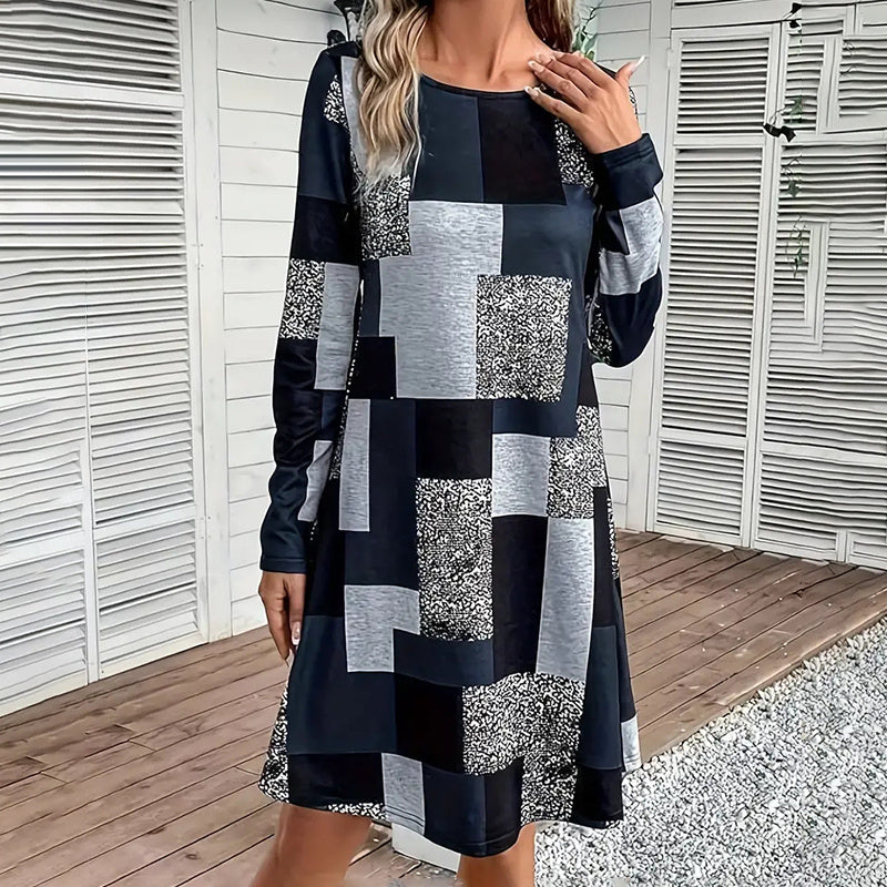Women's Round Neck Long Sleeve Dress - Digital Print Casual Elegant Spring & Fall Dress