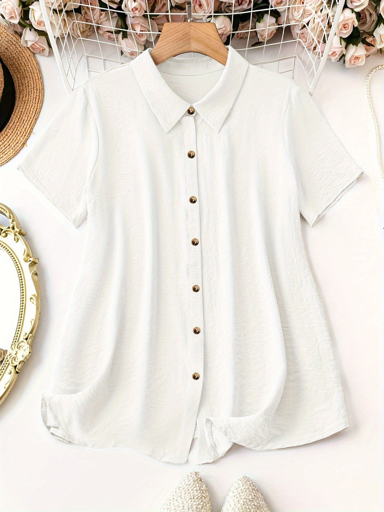 Women's Plus Size Collared Button-Down Shirt - Summer Vacation Casual Short-Sleeve Top For Outings