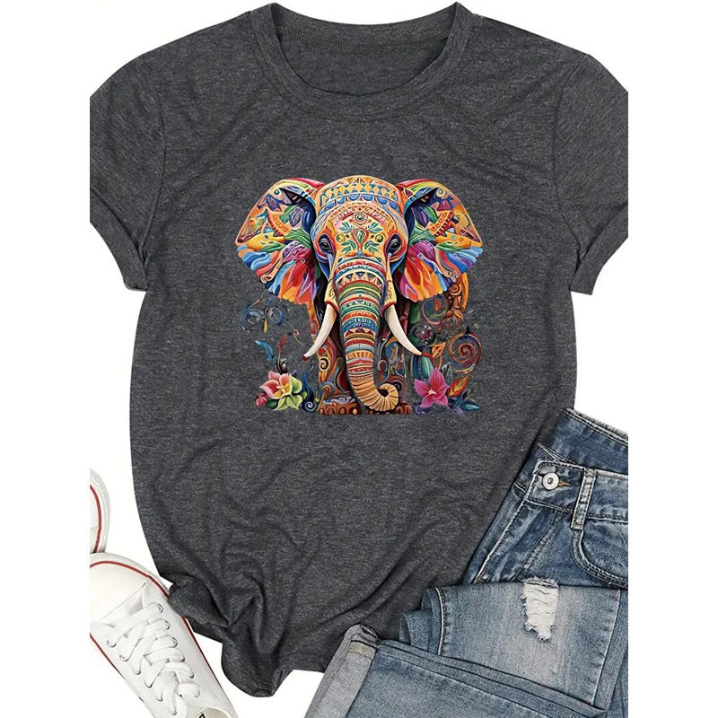 Women's Round Neck Short Sleeve T-Shirt With Colorful Elephant Print, Casual Summer Top