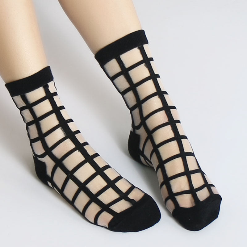 Fashion Thin Jacquard Short Stockings Cool Breathable Plaid Glass Stockings