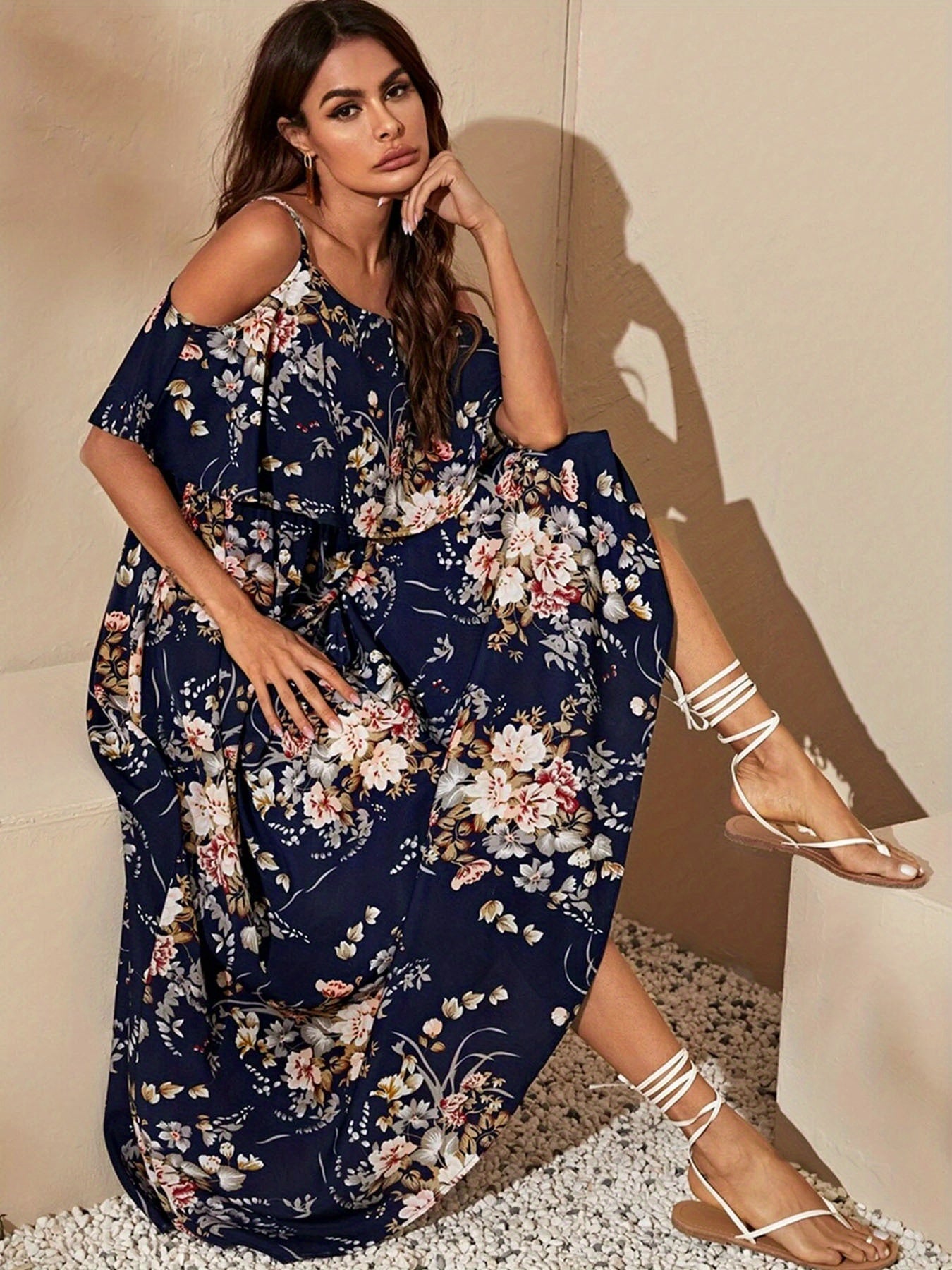 Women's Elegant Strappy Floral Print Off-the-Shoulder Maxi Dress - Stylish Summer Party DressWomen's Elegant Strappy Floral Print Off-the-Shoulder Maxi Dress - Stylish Summer Party Dress