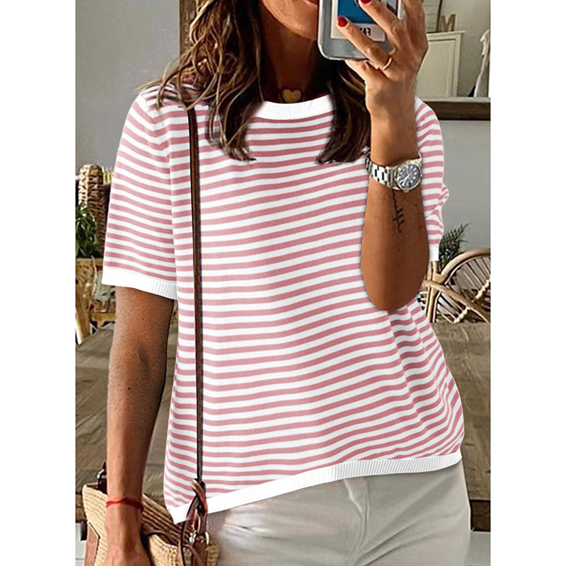 Womens Tops Casual Summer Crewneck Short Sleeve Striped Color Block Trendy Pullover Sweaters