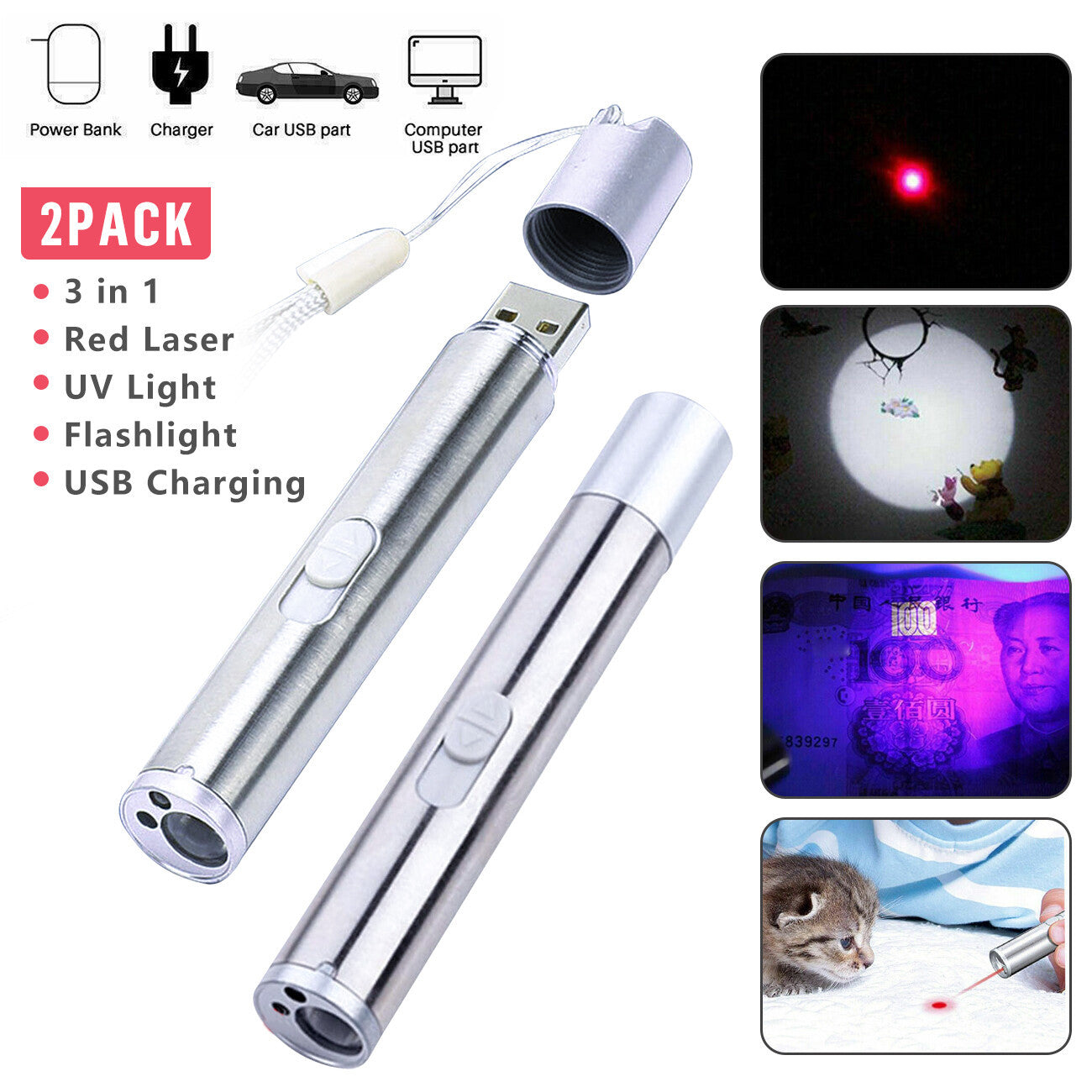 Red Laser Pointer Pen USB Rechargeable LED Light 3 In 1 UV Flashlight 2pcs Cat Dog Toys