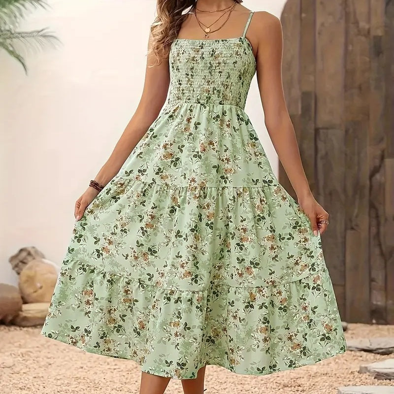 Womens Summer Floral Midi Dress Smocked Spaghetti Strap Sleeveless Tiered Casual Flowy Dresses