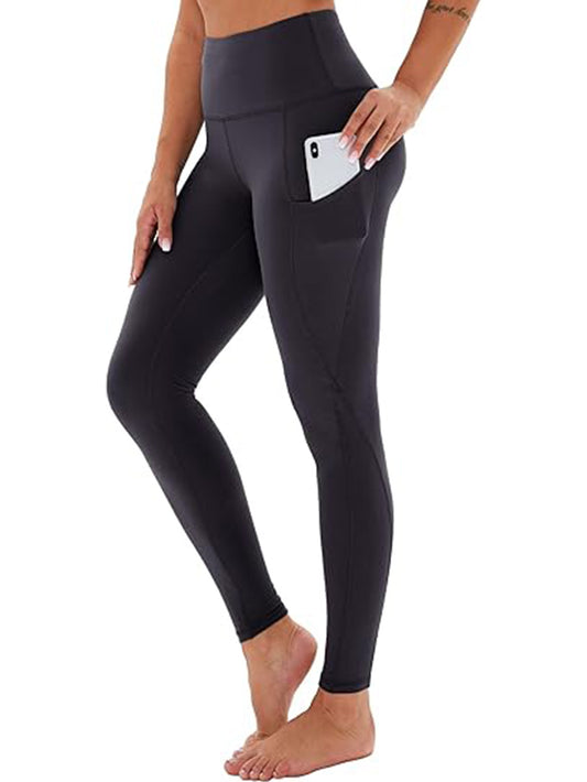 Yoga Pants - Cropped High-waisted Slanted Pockets Solid Color Polyester Double Grind Black
