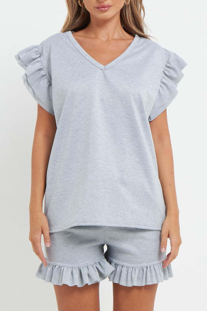 Ladies V Neck Frill Peplum Sleeve Top And Short 2 Piece Tracksuit Set