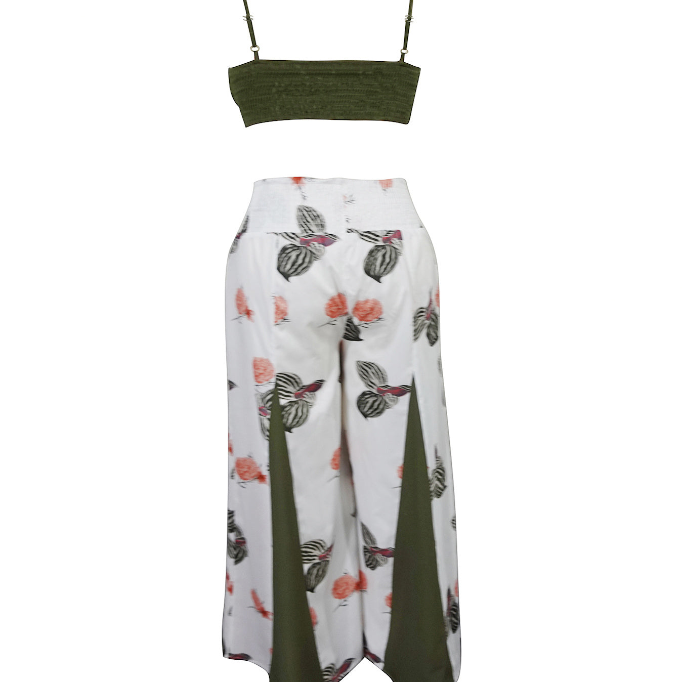 Women's New Solid Color Sexy Top Fashionable Flower Print Contrasting Pants Vacation Two-piece Pants Set