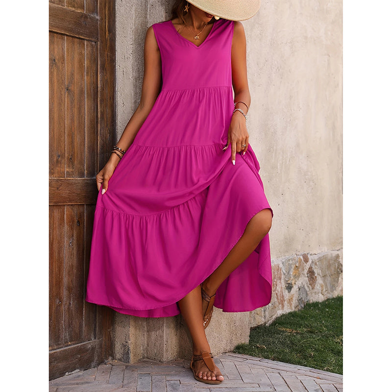 Women's Summer Casual Sleeveless V Neck Swing Dress Flowy Tiered Maxi Beach Dress