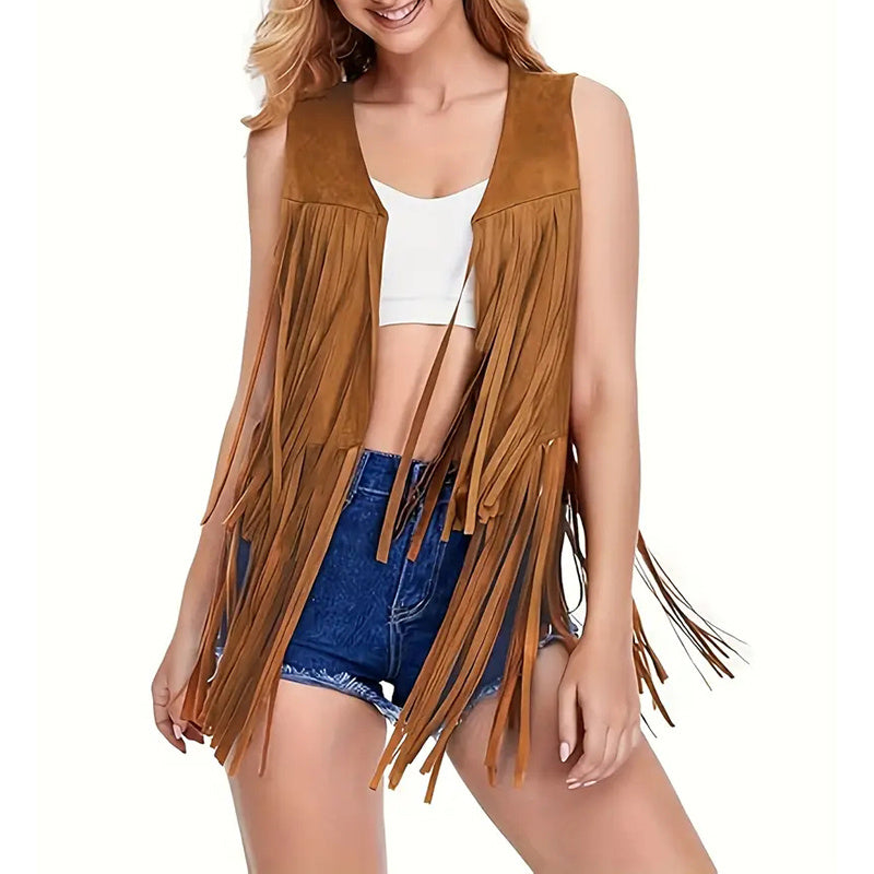 Women's Fringe Vest Sleeveless 70s Hippie Faux Suede Trim Western Cowgirl Tassel Jacket Cardigan