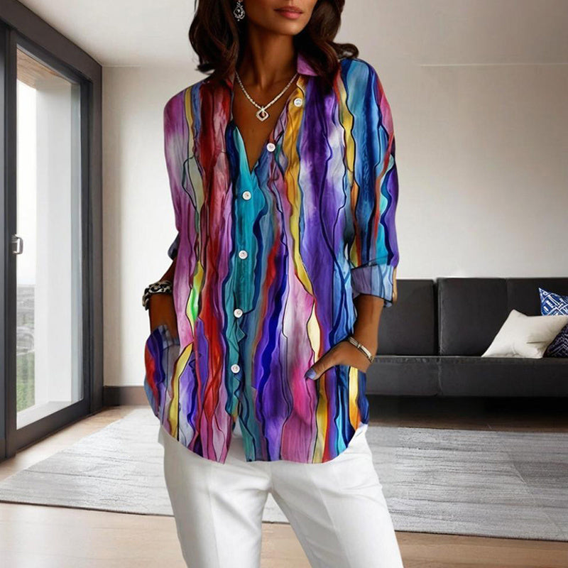 Women's Lapel Collar Printed Long Sleeve Shirt - Vibrant Colorful Pattern Button-Up Blouse Stylish Spring&Summer Vacation Top