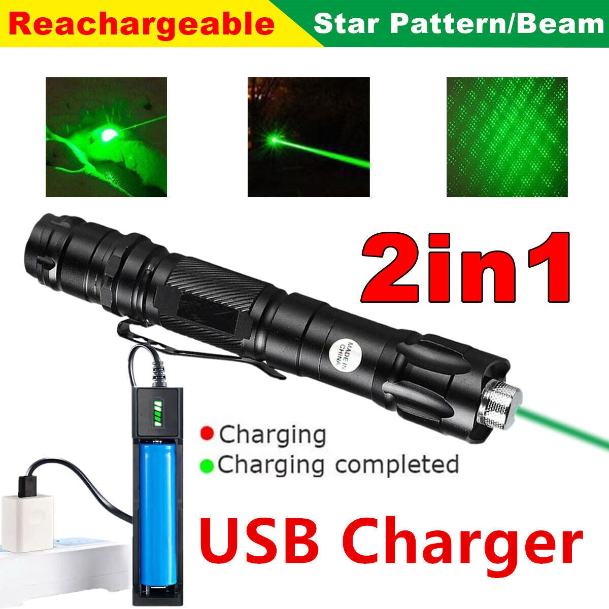 USB Rechargeable Green Laser Pointer Pen Visible Beam LED Flashlight Torch Lazer