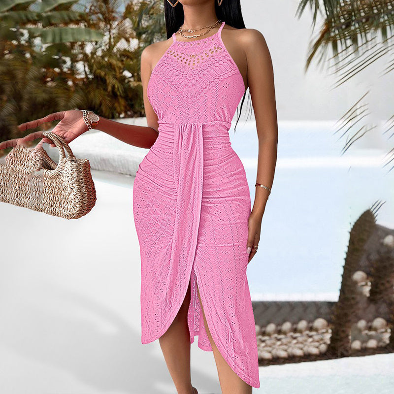 Women's Sexy Halter Neck Ruched Bodycon Midi Dresses Elegant Sleeveless Cocktail Party Dress