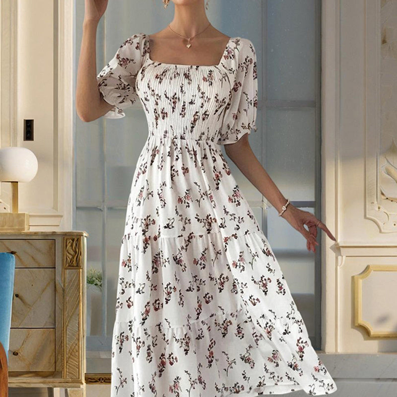 Women's Square Neck Short Sleeve A-Line Floral Print Dress Ruffled Sleeves Bust Smocked Elastic Boho Summer Vacation Dress