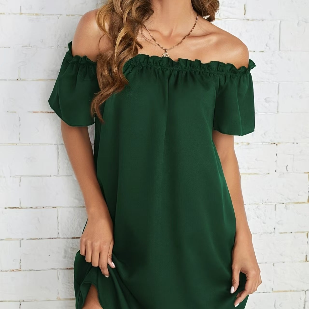 Women's Solid Color Off Shoulder Pleated Decorative Dress, One Shoulder Casual Dress