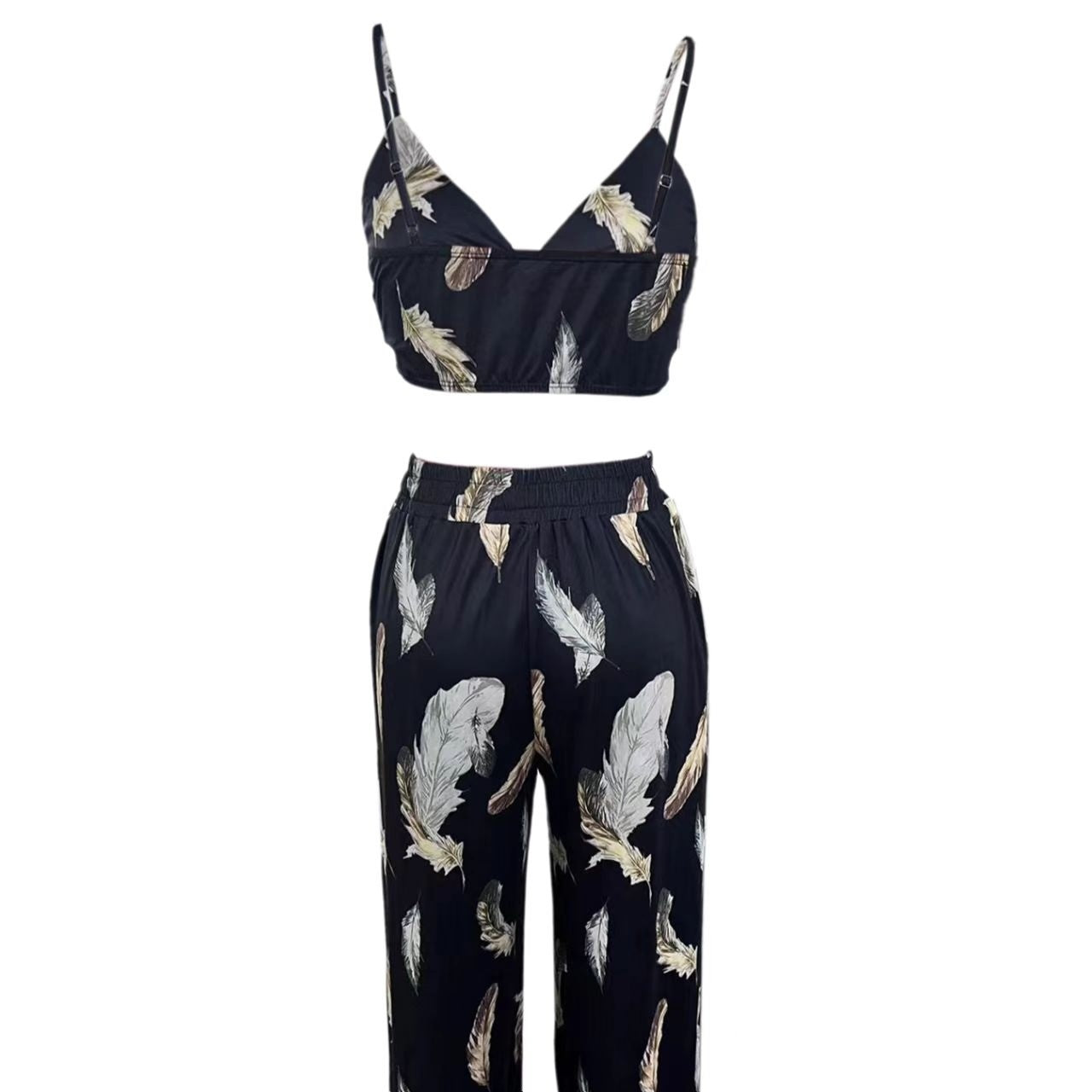 Ladies' High Waist Drawstring Feather Flower Printed Pants, Beach Pocket Pants, Sexy Top Set