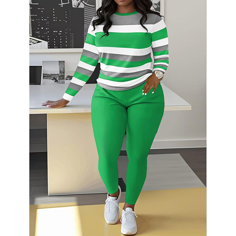 Women's Cozy 2 Piece Outfits Lounge Sets Striped Color Block Long Sleeve Tops Jogger Sweatpants Track Suits Set