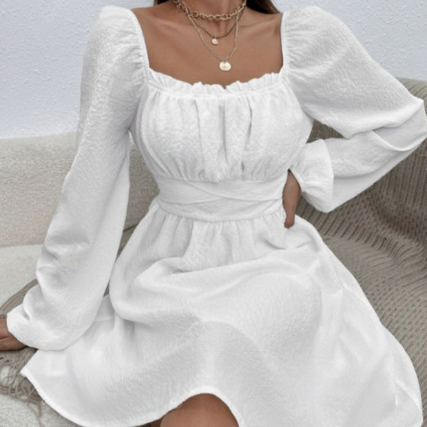 Ladies' Fashion Elegant Solid Color Collar Lace Fold Waist A-list Dress