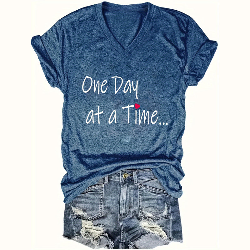 Women's V-Neck Short Sleeve T-Shirt - 'One Day At A Time' Inspirational Print Casual Summer Top