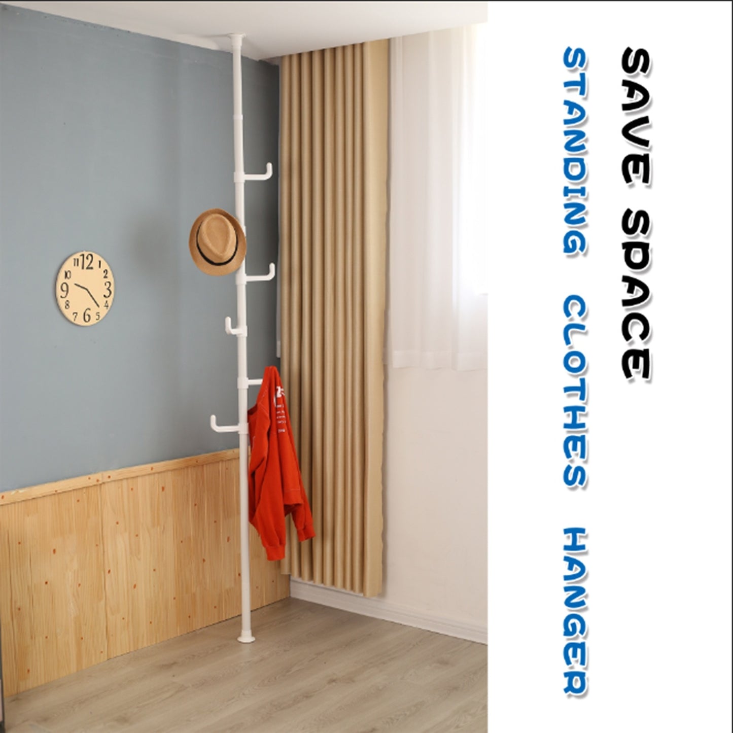 Extra Long Clothes Hanger With The Top Relying On The Ceiling And Nuclear Floor, Coat Rack Freestanding With 6 Hooks