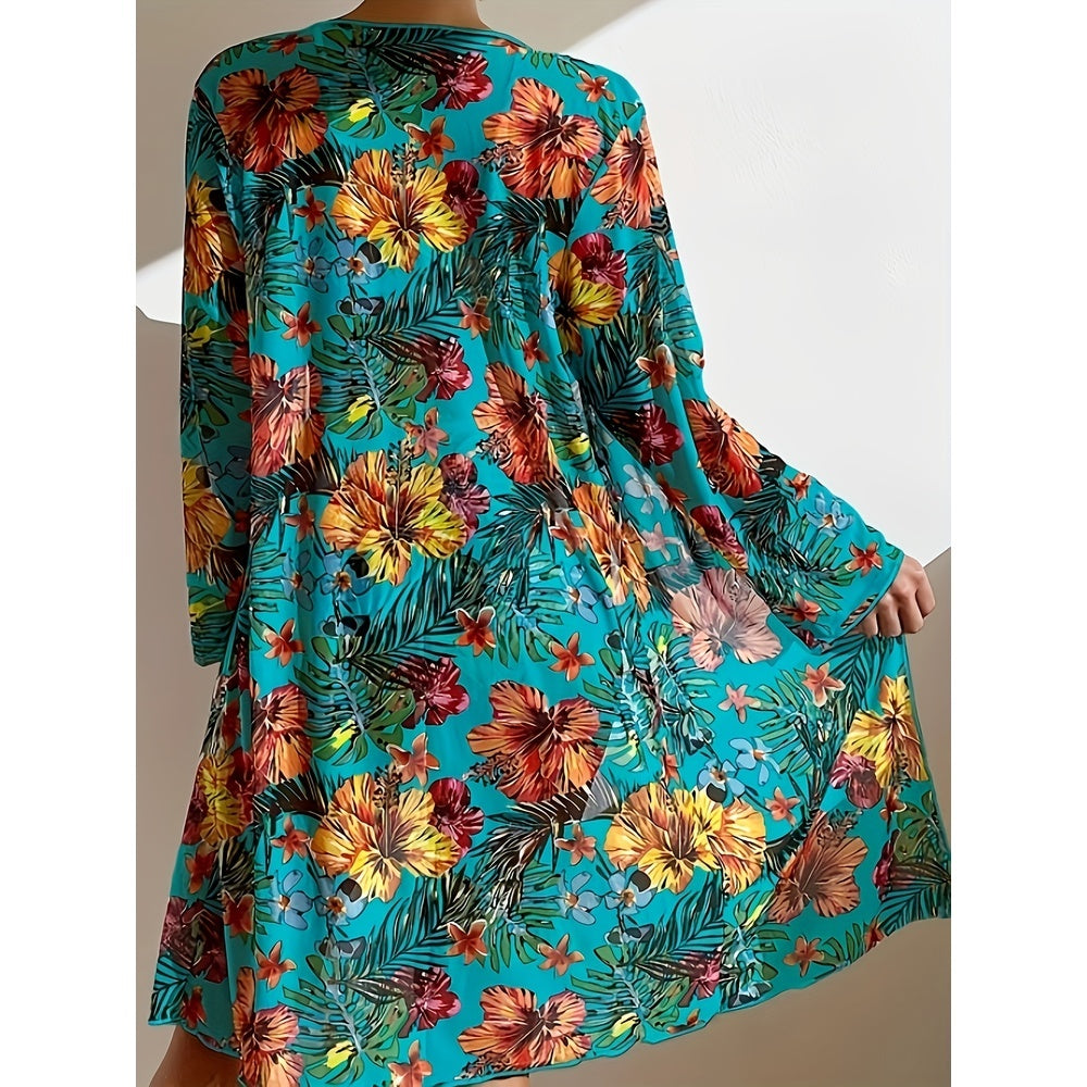 Ladies' Tankini Beach Wear Three Piece Set Sun Protection Long Sleeved Knotted Flower Print Hot Spring Swimsuit